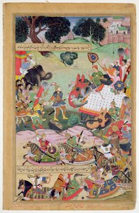 アクワは1564年、1590-98年にマルワ州知事アブドラウズベグから捕らえた太鼓と規格を受け取った（羊皮紙のガッシュ） 作： Mughal School